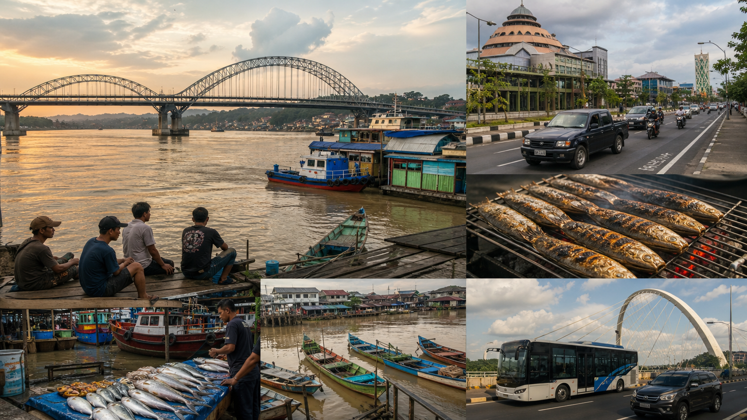 Panorama Sungai Mahakam dan jembatan di Samarinda saat senja