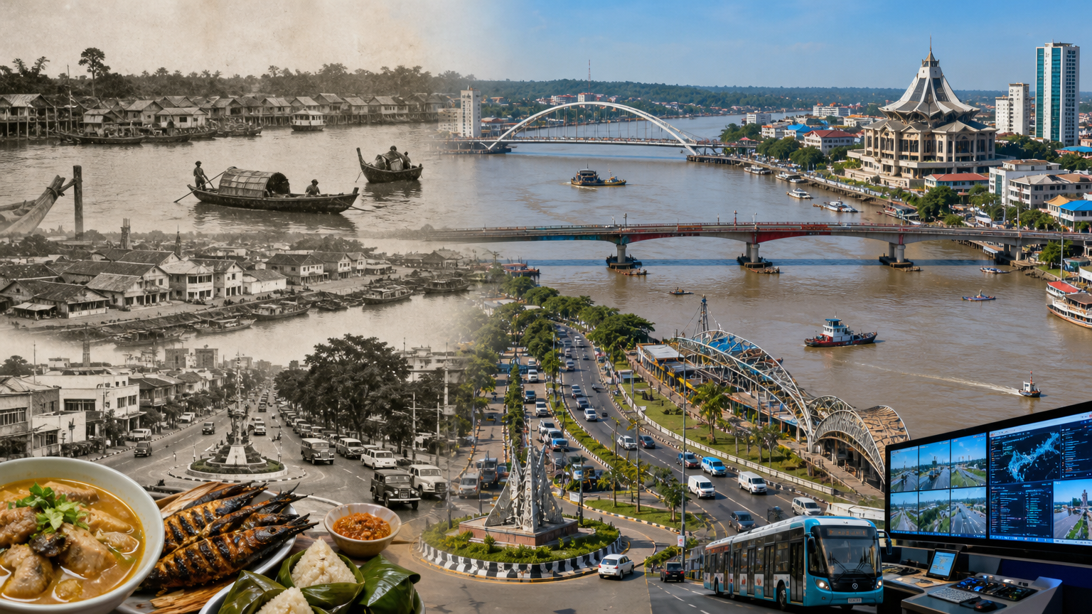 Pemandangan Sungai Mahakam dan jembatan di Kota Samarinda